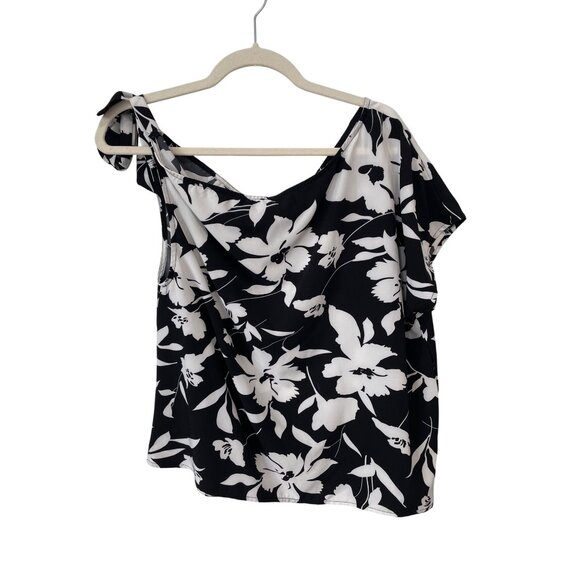 Laqeyko One Shoulder Floral Top Size Large Tie Shoulder Black White Fairygoth - Picture 2 of 7